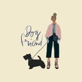 Young stylish girl with scotch terrier dog on a leash. Freehand drawing text: dog friend