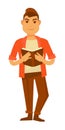 Young stylish guy in orange shirt reads book