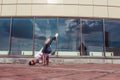 Young stylish man window cloud guy dancer, summer city, dancing break dance, healthy fitness athlete life style, white t Royalty Free Stock Photo