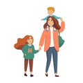 Young stylish Mother or nanny, babysitter walking with 2 kids. Happy family. Vector cartoon style illustration Royalty Free Stock Photo