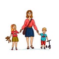 Young stylish Mother or nanny, babysitter walking with 2 kids. Happy family. Vector flat style illustration. Royalty Free Stock Photo