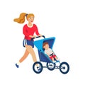 Young stylish Mother running with baby in stroller. Young mother jogging with baby carriage and. Cartoon style vector