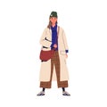 Young stylish woman demonstrating trendy outwear. Female character in fashionable autumn outfit. Cheerful woman wearing