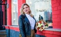 Plus size nice woman in suit at street, spring trends Royalty Free Stock Photo