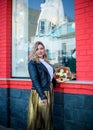 Plus size nice woman in suit at street, spring trends Royalty Free Stock Photo