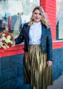 Plus size nice woman in suit at street, spring trends Royalty Free Stock Photo