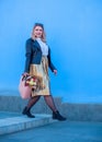 Plus size nice woman in suit at street, spring trends Royalty Free Stock Photo