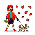 Young stylish woman walking with dog. Cartoon style girl walk with small dog in autmn. Vetor illustration. Royalty Free Stock Photo