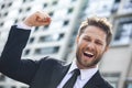 Young Successful Business Man Celebrating in City Royalty Free Stock Photo