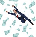 Young successful businessman. Career. Profit. Income. Coins and bills falling from the sky. 10 EPS Royalty Free Stock Photo