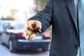 Young successful businessman offering a car key. Royalty Free Stock Photo