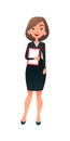 Young successful female office manager. Smart cartoon flat woman secretary character at the office. Business lady ready