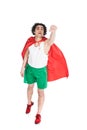 Young superhero in red cape depicting flying