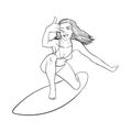 Young surf girl with surfboard riding a wave. Cartoon vector illustration