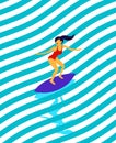 Young surf girl with surfboard riding a wave. Vector illustration, summer time design for shirt print, active water Royalty Free Stock Photo