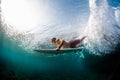 Young surfer dives under the ocean wave Royalty Free Stock Photo