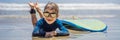 Young surfer, happy young boy at the beach with surfboard BANNER, LONG FORMAT Royalty Free Stock Photo