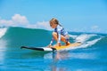 Young surfer rides on surfboard with fun on sea waves Royalty Free Stock Photo