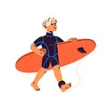 Young surfer in wetsuit goes to swim. Happy boy carries board for surfing. Cute child in swimsuit funs. Kid's water