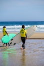 Young surfers train on Playa de Palombina Las Camaras in Celorio, Green coast of Asturias, North Spain with sandy beaches, cliffs