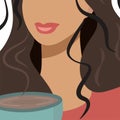 A young swarthy girl drinks coffee. Isolated illustration vector with brunette closeup. Bright lips, dark hair, and a