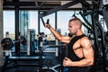 Young sweaty strong muscular fit bodybuilder man back muscles workout training with weights on the machine in the gym Royalty Free Stock Photo