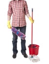 Young sweeping man workwear. Isolated