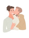 A young sweet couple hugs their beloved dog. Male same-sex couples love each other and their pet. An intimate home