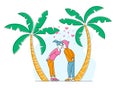 Young Sweet Couple Kissing on Tropical Nature Background with Palm Trees and Hearts around. Pair in Love