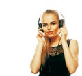 Young sweet talented teenage girl in headphones singing isolated Royalty Free Stock Photo