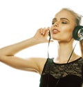 Young sweet talented teenage girl in headphones singing isolated Royalty Free Stock Photo