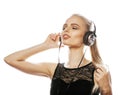 Young sweet talented teenage girl in headphones singing isolated Royalty Free Stock Photo