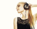 Young sweet talented teenage girl in headphones singing isolated Royalty Free Stock Photo