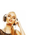 Young sweet talented teenage girl in headphones singing isolated Royalty Free Stock Photo