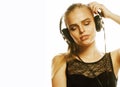 Young sweet talented teenage girl in headphones singing isolated Royalty Free Stock Photo