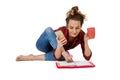 Young sweet woman at work sitting in a yoga pose over white Royalty Free Stock Photo