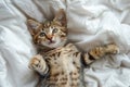 young tabby cat lying on his back on a soft white bed, top view Royalty Free Stock Photo