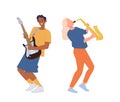 Young man and woman cartoon characters playing guitar and saxophone isolated on white background