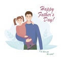 A young tall handsome man with a daughter. Happy father`s day. On a natural background with leaves. The concept of love and family