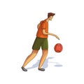 Young tall man playing basketball. Athletic guy character. Active lifestyle. Sports theme. Cartoon vector design