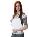 Young tattooed business woman on white background holding white