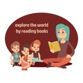 Young teacher and happy kids reading book