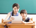 Young Teacher helping child with computer lesson Royalty Free Stock Photo