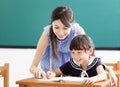 Young Teacher helping child with writing lesson Royalty Free Stock Photo