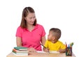 Young Teacher helping child with writing lesson isolated on whit Royalty Free Stock Photo