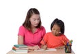 Young Teacher helping child with writing lesson isolated on white background Royalty Free Stock Photo