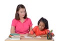 Young Teacher helping child with writing lesson isolated on white background Royalty Free Stock Photo