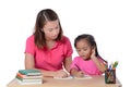 Young Teacher helping child with writing lesson isolated on white background Royalty Free Stock Photo