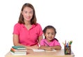 Young Teacher helping child with writing lesson isolated on whit Royalty Free Stock Photo