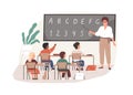 Young teacher with pointer at chalkboard in classroom. Elementary school children studying in class room. Colored flat